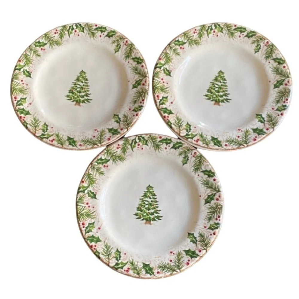 Pier 1 Winter Wonders Festive Christmas Tree Plate. Holly & Berries. Set of 3.